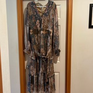 ASOS pleated midi dress with patchwork print and double belt detail US size 24